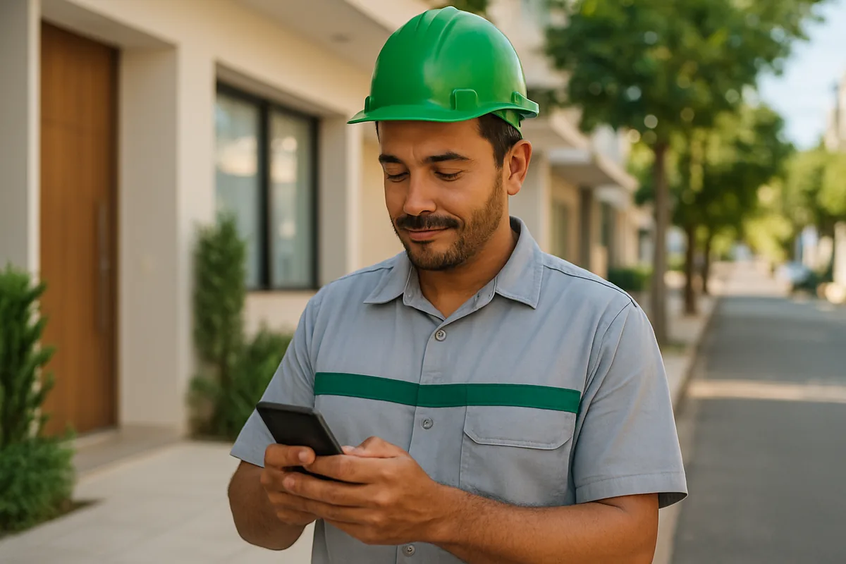 Técnico de campo registrando o ponto pelo celular com geolocalização, em ambiente externo